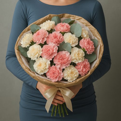 Букет из розовых и кремовых гвоздик «Нежный рассвет»