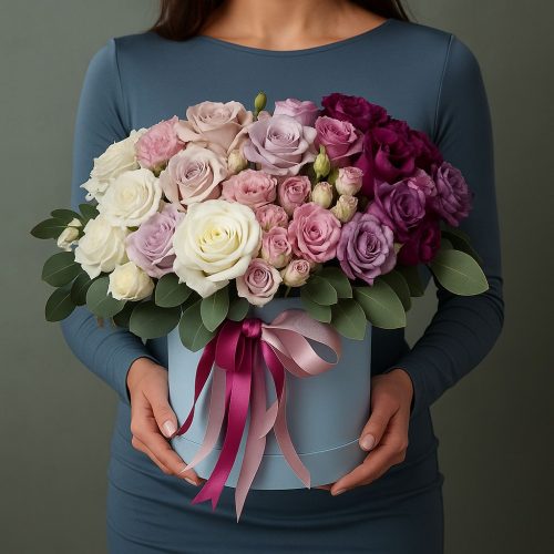 Цветы в коробке «Королевская коллекция роз в голубой коробке»