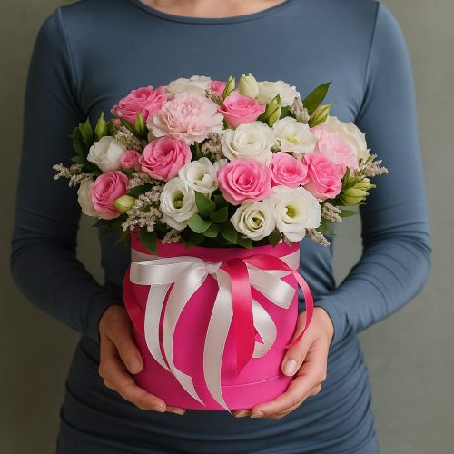 Цветы в коробке «Малиновое очарование с розами и эустомой»