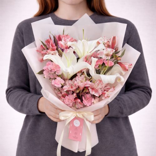 Букет с лилиями и альстромерией «Розовая гармония»